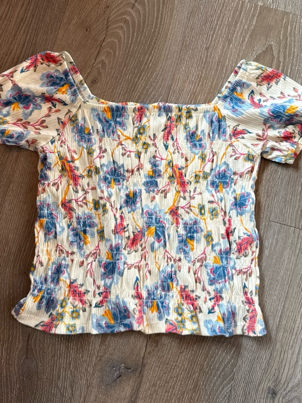 Old Navy Floral Smocked Off-Shoulder Crop Top in Cream, Blue and Pink